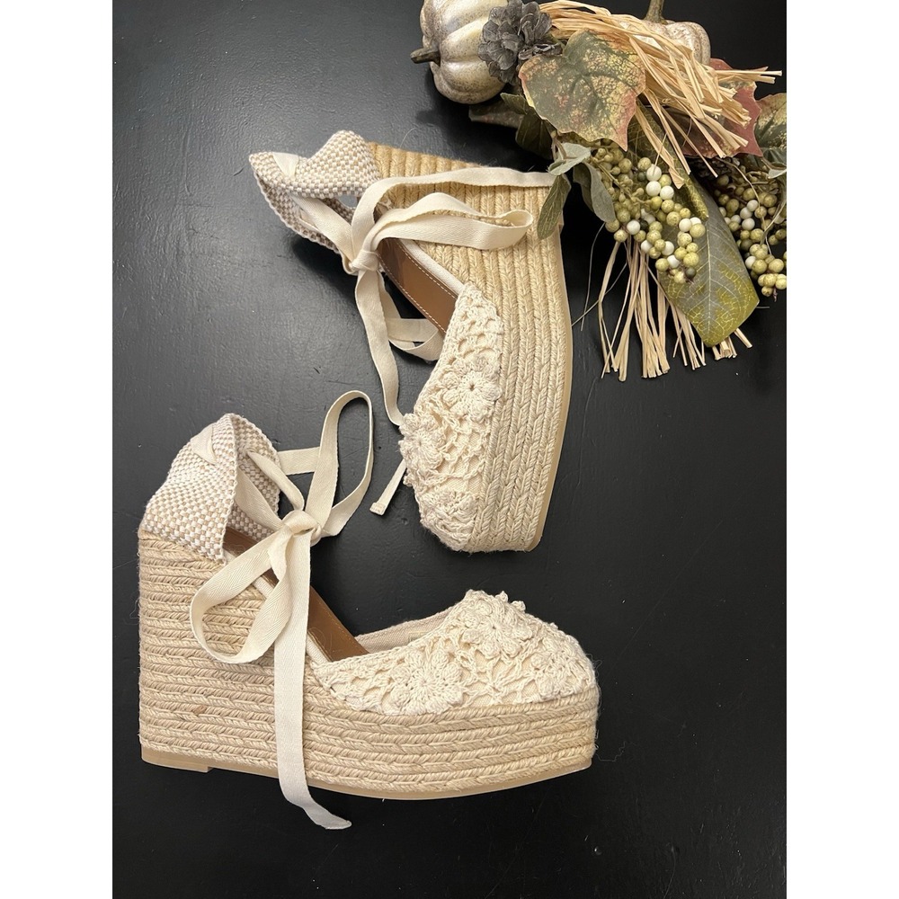 Polo Ralph Lauren Cream Crochet Espadrille Platform Wedge Ankle Tie Heels Sz 10